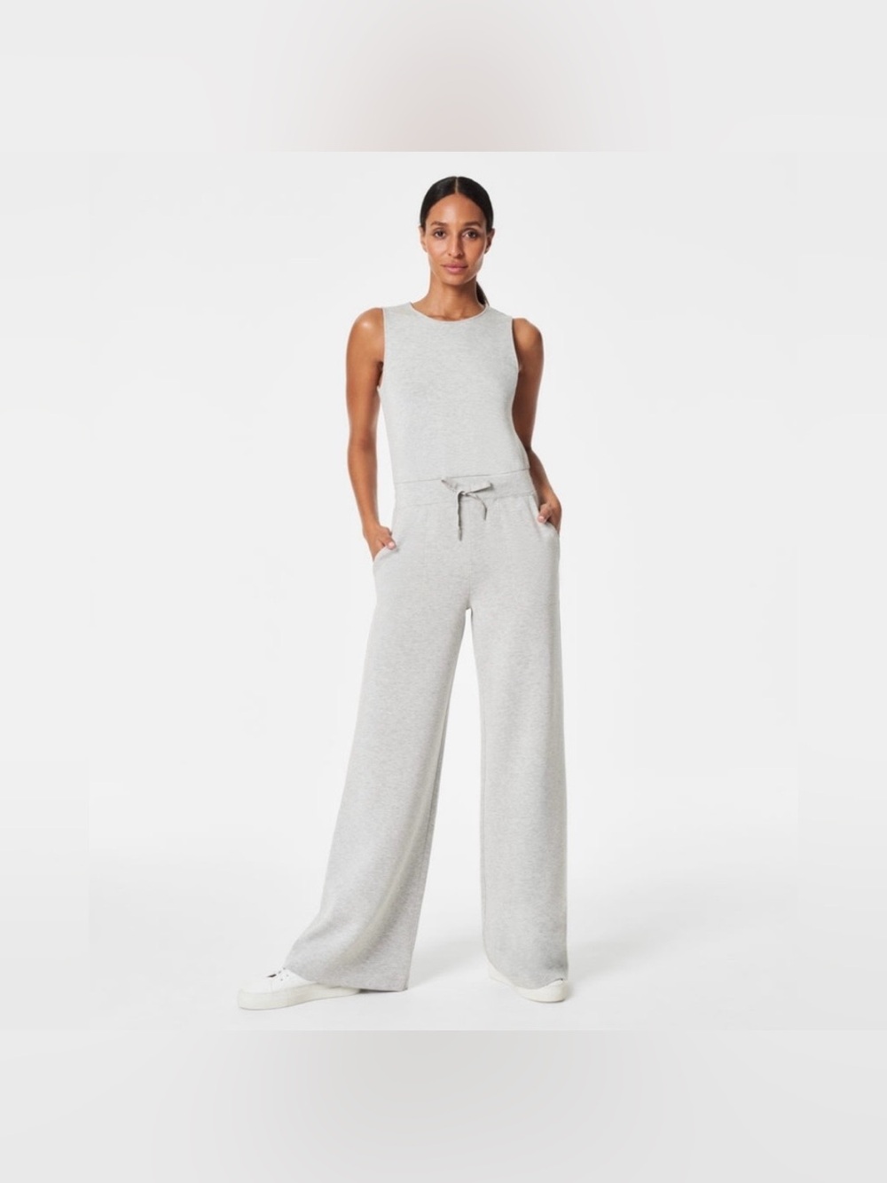 SPANX AIRESSENTIALS wide leg sleeveless jumpsuit Heather grey sz L Petite 50282Q